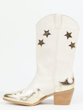 Off White Star Metallic Gold Applique Wide Mid Calf Boots Slanted Heeled Cowgirl Boots